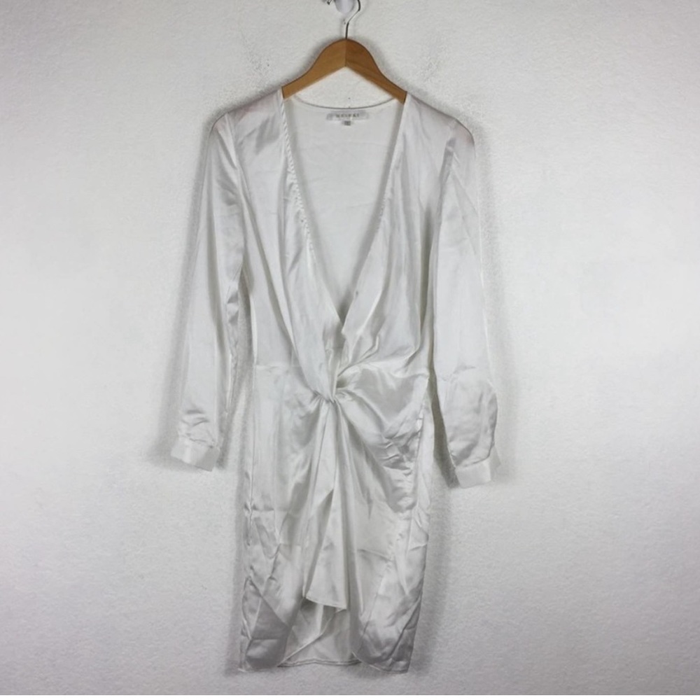 Meshki Adara White Satin Knot Draped Long Sleeve Mini Dress Small
